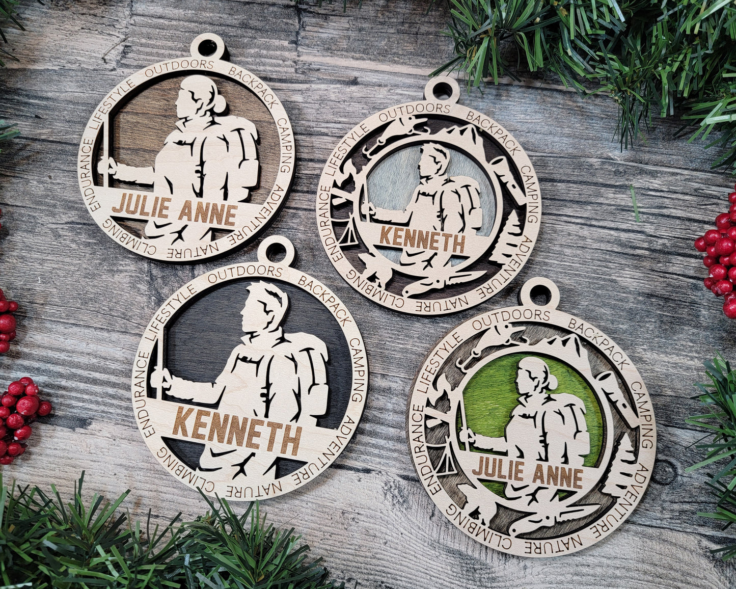 Male Hiking laser cut personalized wood ornament