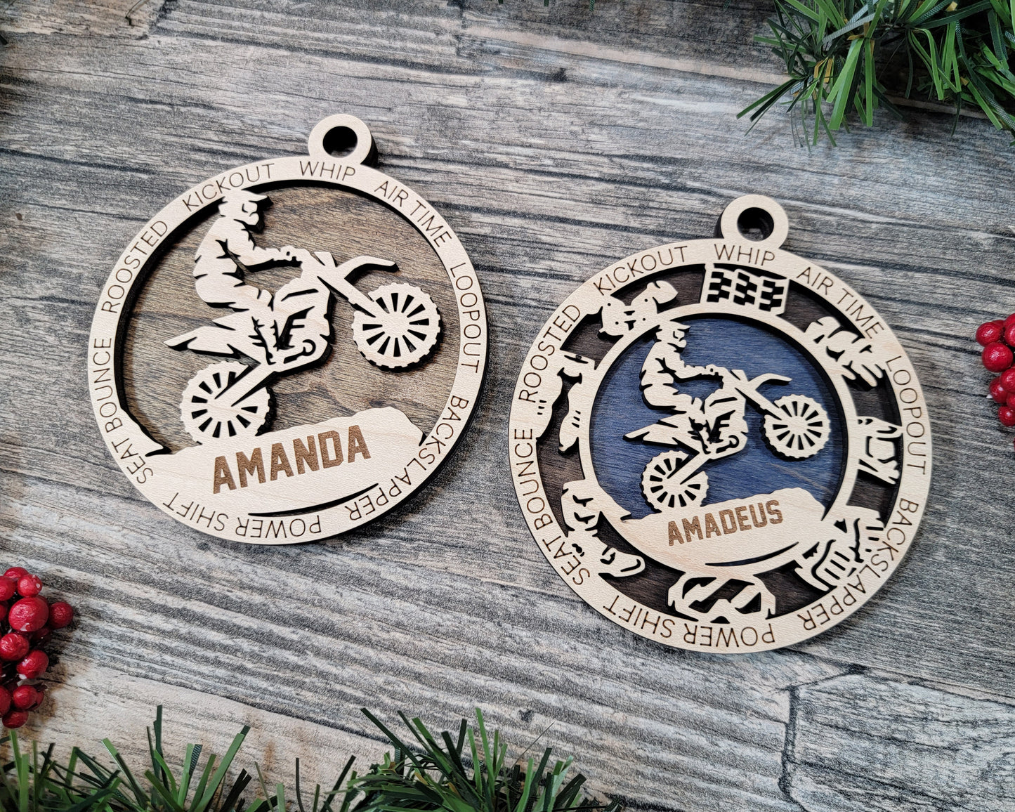 Motocross laser cut personalized wood ornament