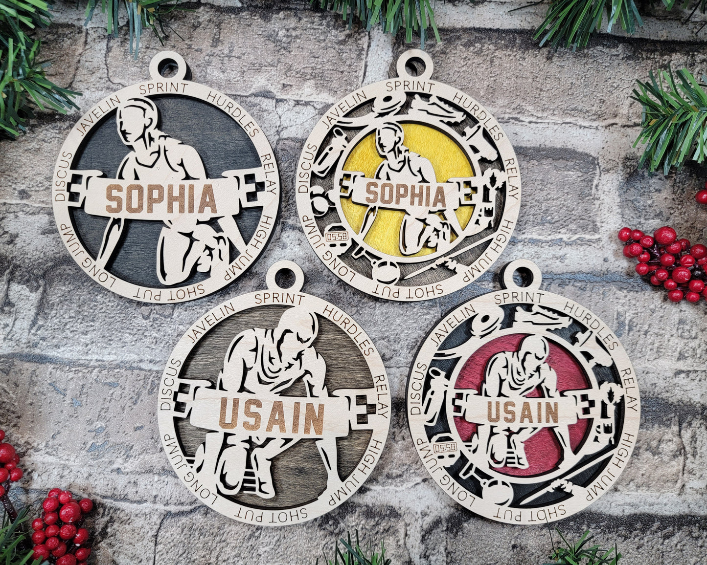 Female Track & Field laser cut personalized wood ornament