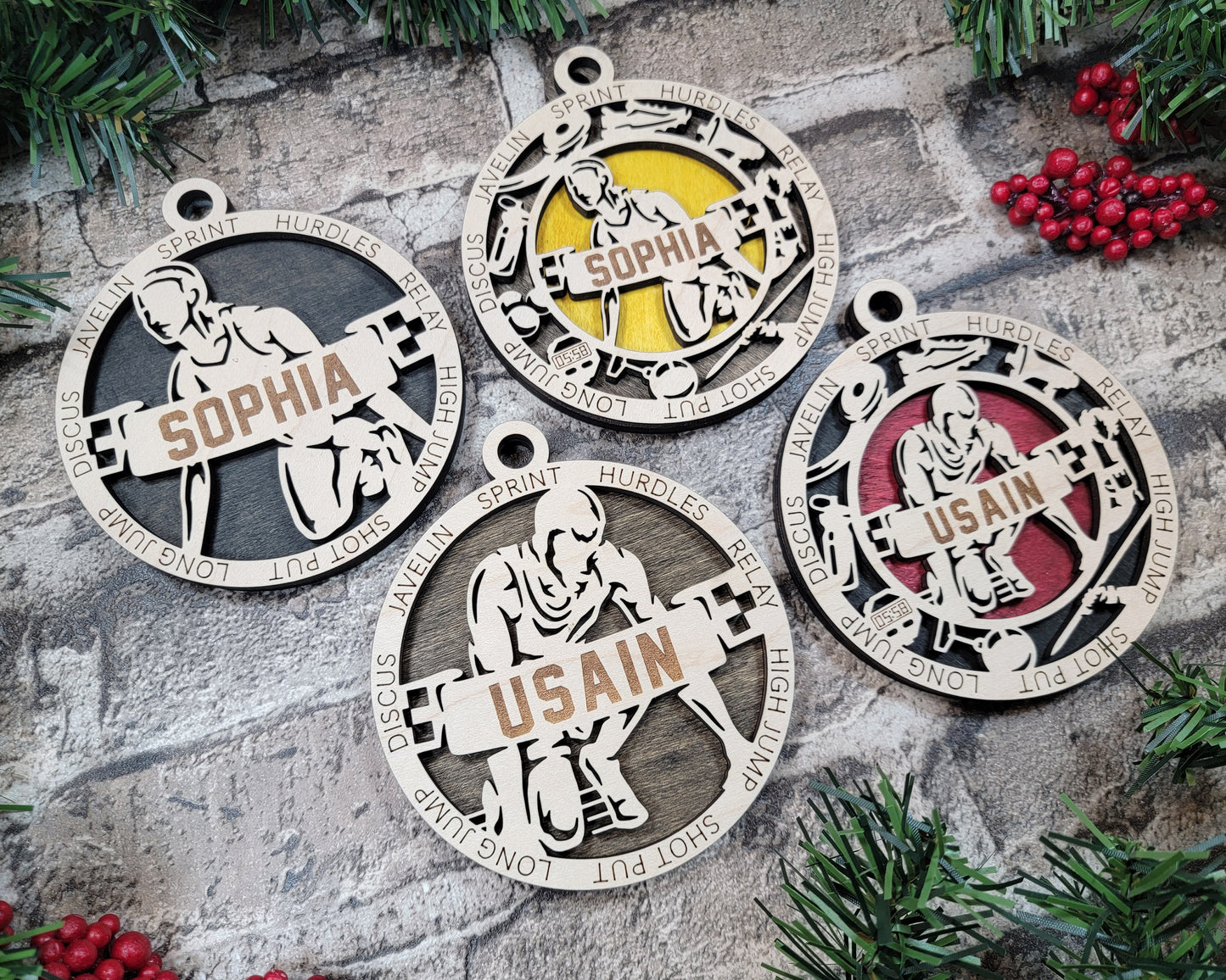 Female Track & Field laser cut personalized wood ornament