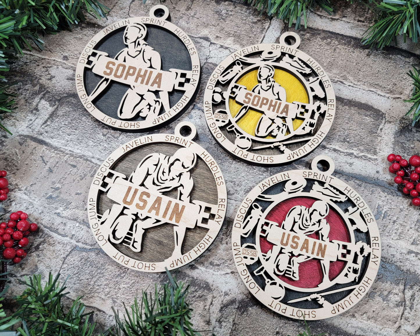 Female Track & Field laser cut personalized wood ornament