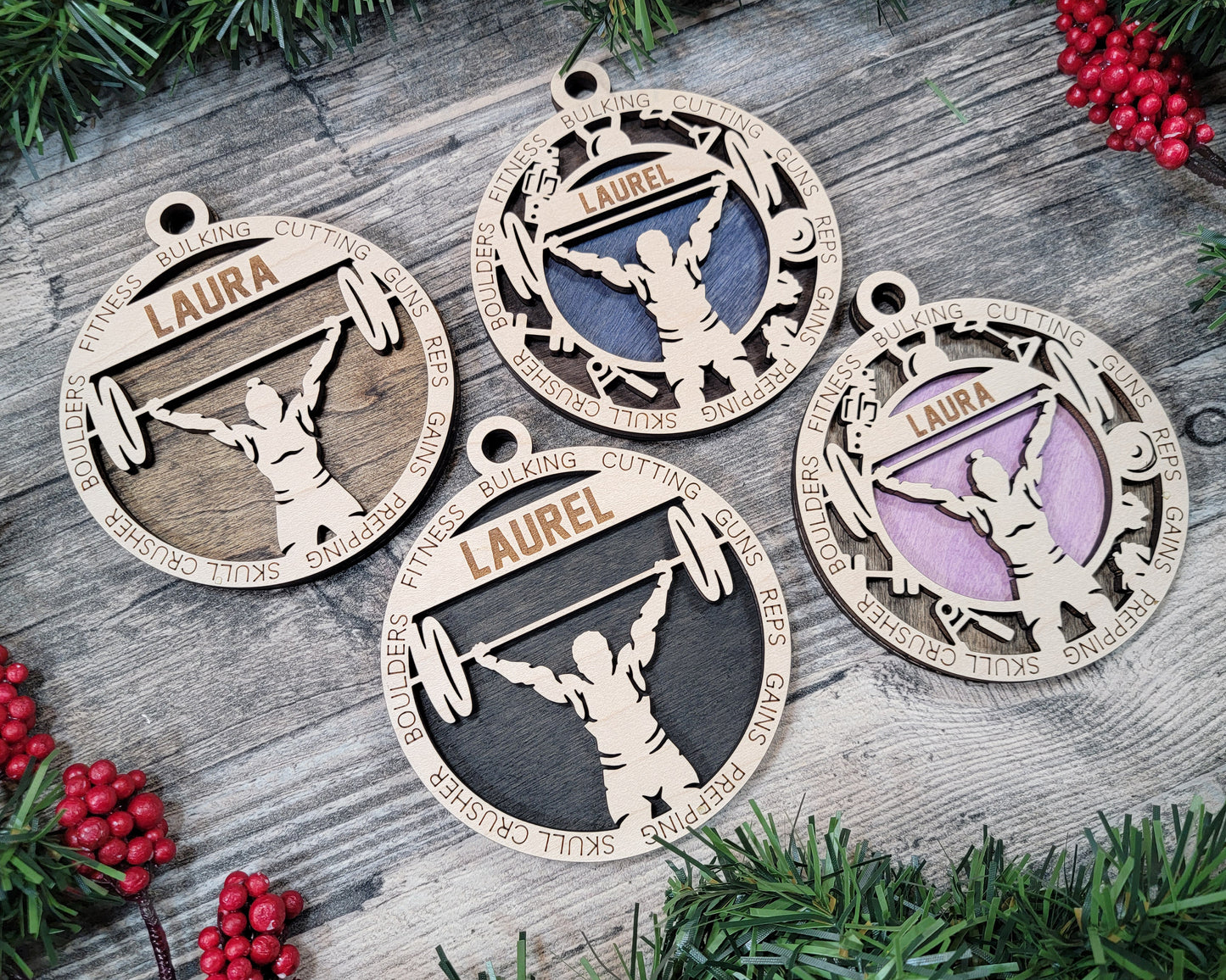 Male Weightlifting laser cut personalized wood ornament