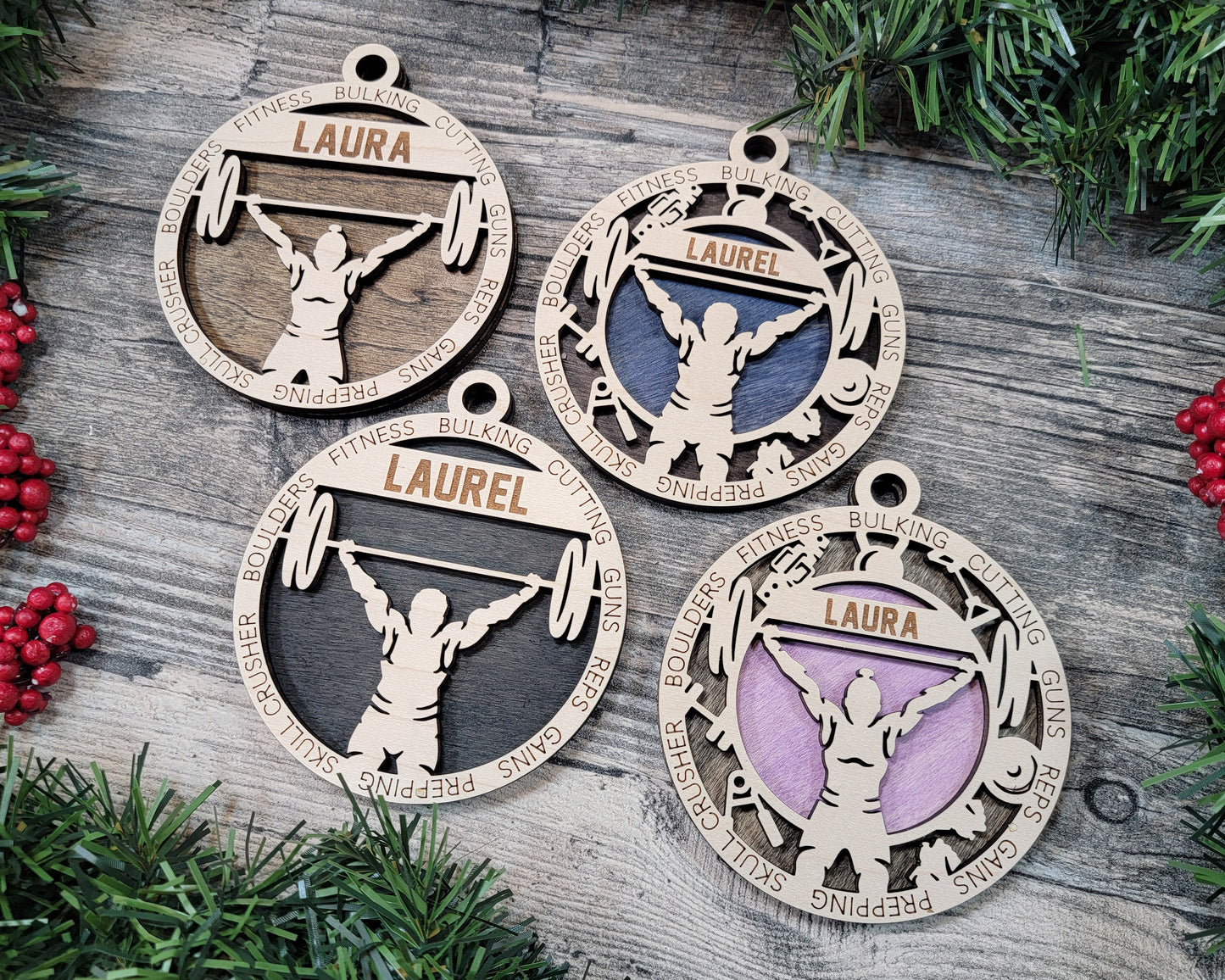 Male Weightlifting laser cut personalized wood ornament