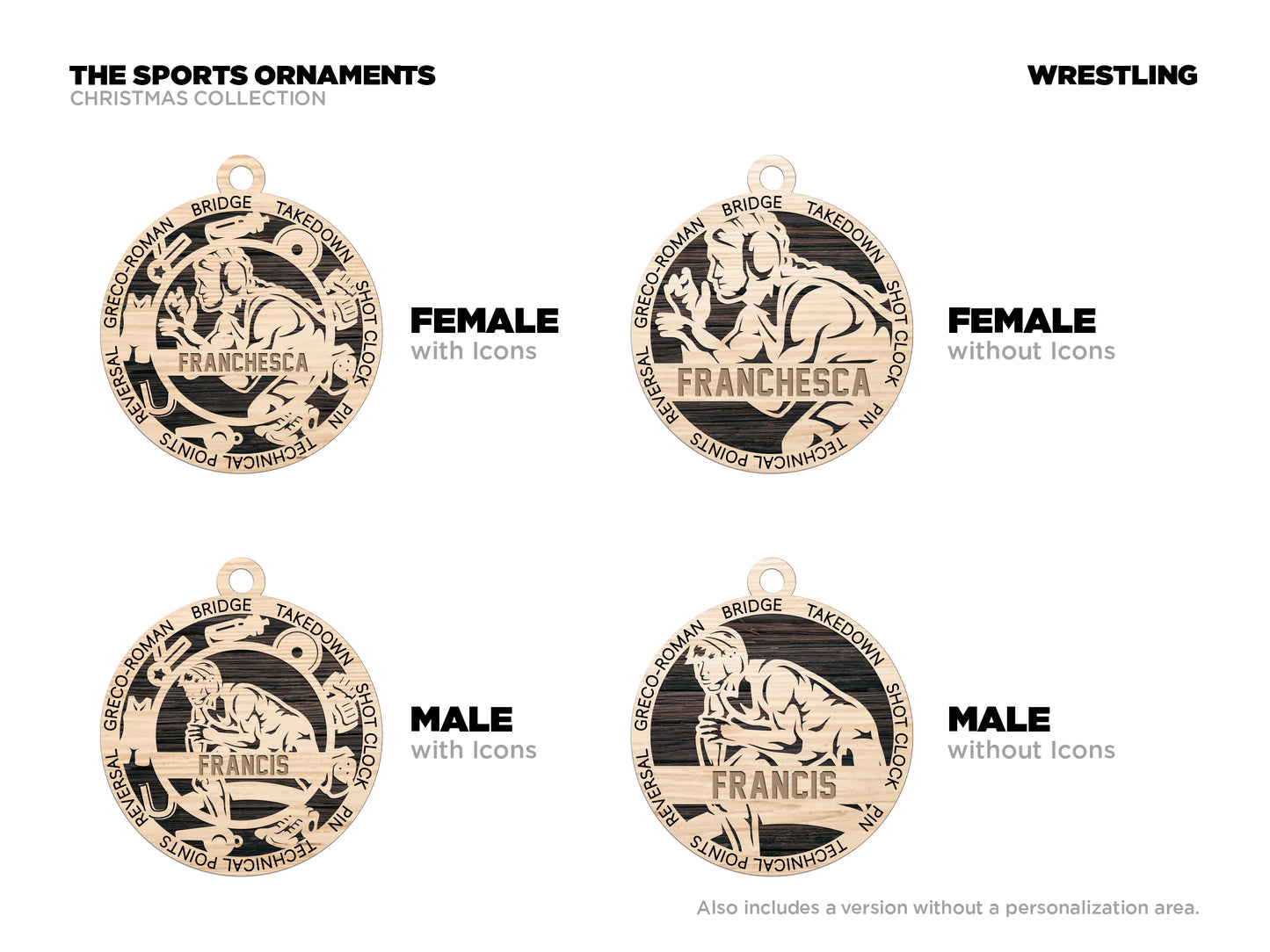 Male Wrestling laser cut personalized wood ornament