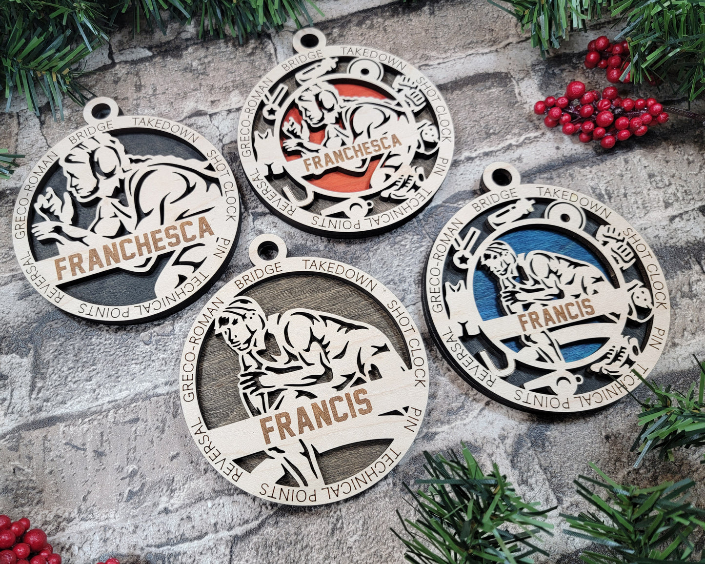 Male Wrestling laser cut personalized wood ornament