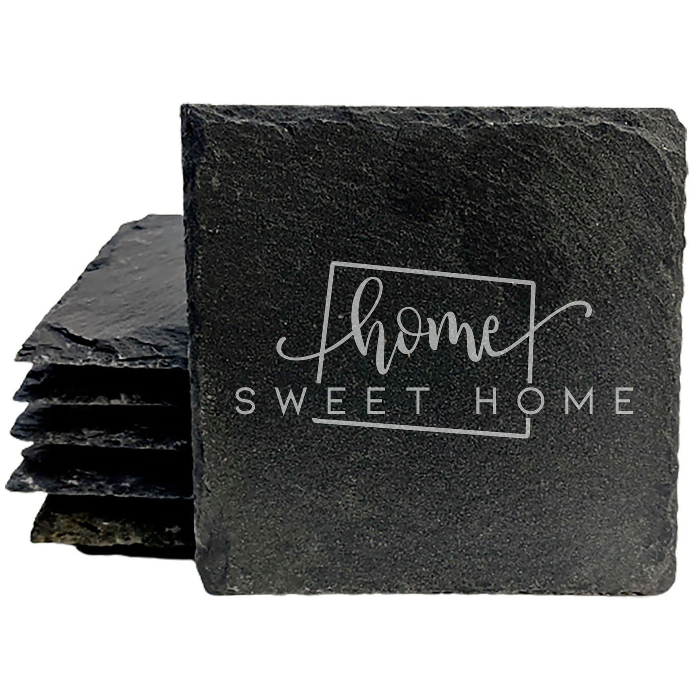 Rustic Slate Coasters Set of 4, Round 4" with 'Home Sweet Home' Colorado Design, Perfect Gift for Holidays, Birthdays, Housewarming, She-Shed, Man Cave, Made in Oregon, USA, Natural Chipped Edge