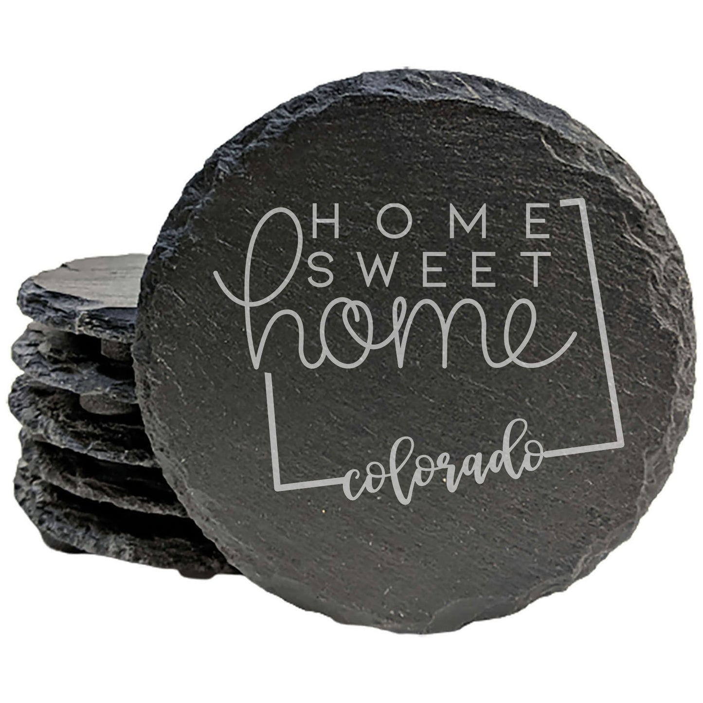 Rustic Slate Coasters Set of 4, Round 4" with Colorado 'Home Sweet Home' Design, Perfect Gift for Holidays, Birthdays, Housewarming, She-Shed, Man Cave, Made in Oregon, USA, Natural Chipped Edge