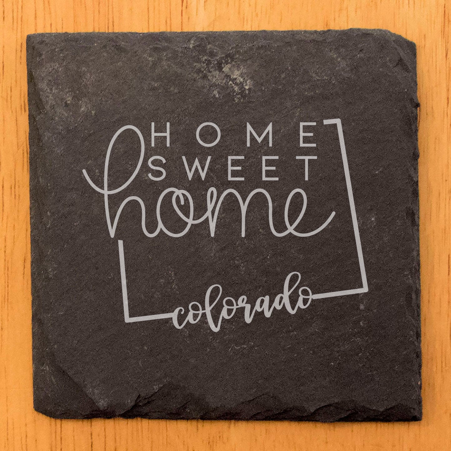 Rustic Slate Coasters Set of 4, Round 4" with Colorado 'Home Sweet Home' Design, Perfect Gift for Holidays, Birthdays, Housewarming, She-Shed, Man Cave, Made in Oregon, USA, Natural Chipped Edge