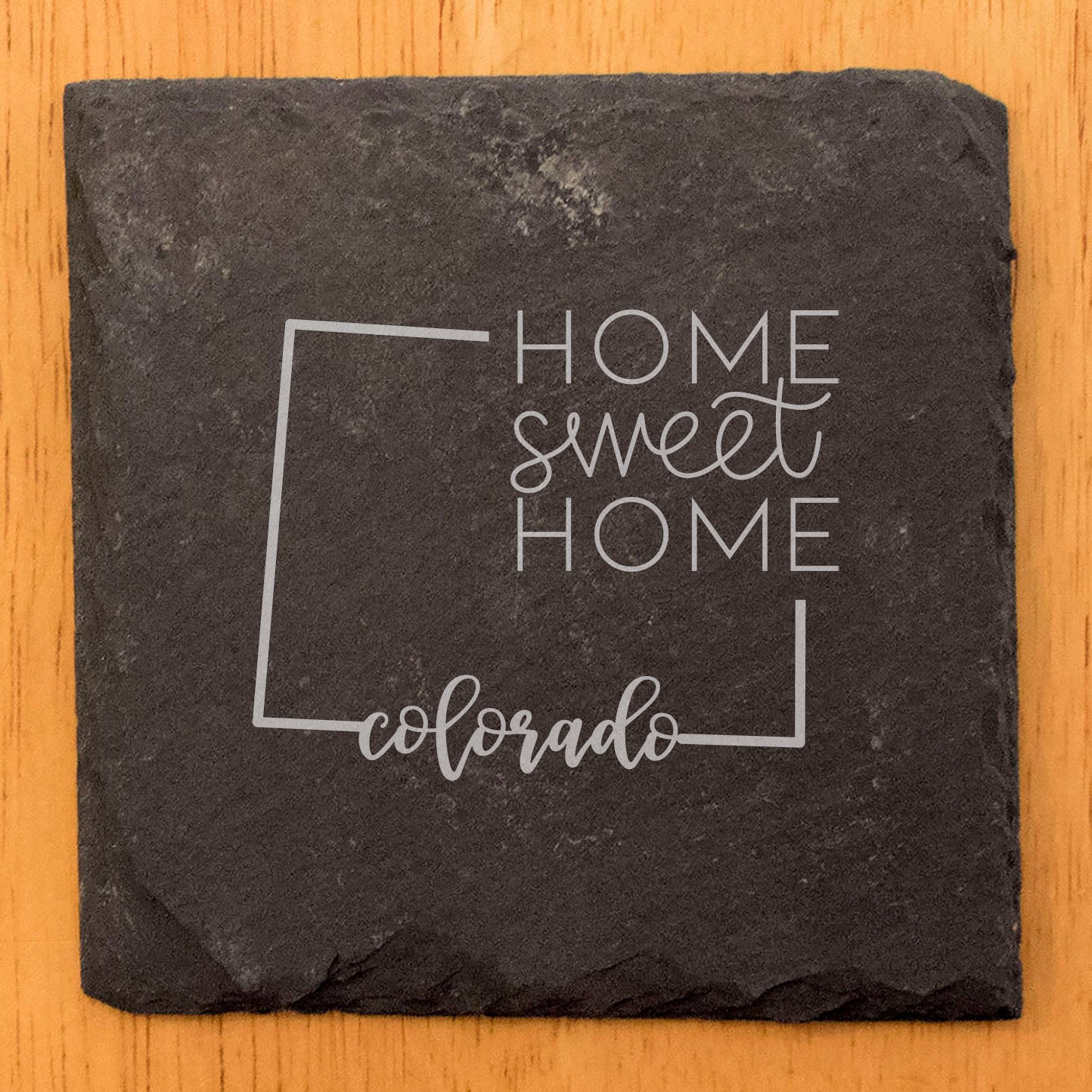 Rustic Slate Coasters Set of 4, Round 4" with Colorado 'Home Sweet Home' Design, Perfect Gift for Holidays, Birthdays, Housewarming, She-Shed, Man Cave, Made in Oregon, USA, Natural Chipped Edge