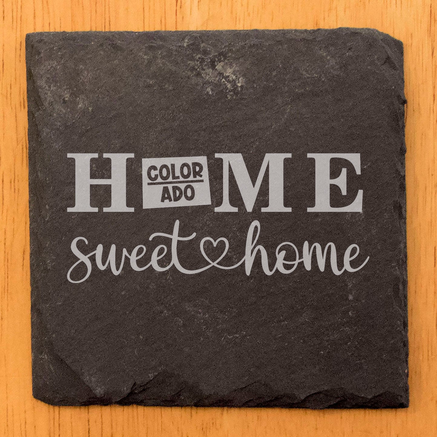 Rustic Slate Coasters Set of 4, Laser Etched 'HOME SWEET HOME' Design, Colorado State Shape, Perfect Gift for Holidays, Birthdays, Housewarming, Made in Oregon, USA, 4" Round, Natural Edge
