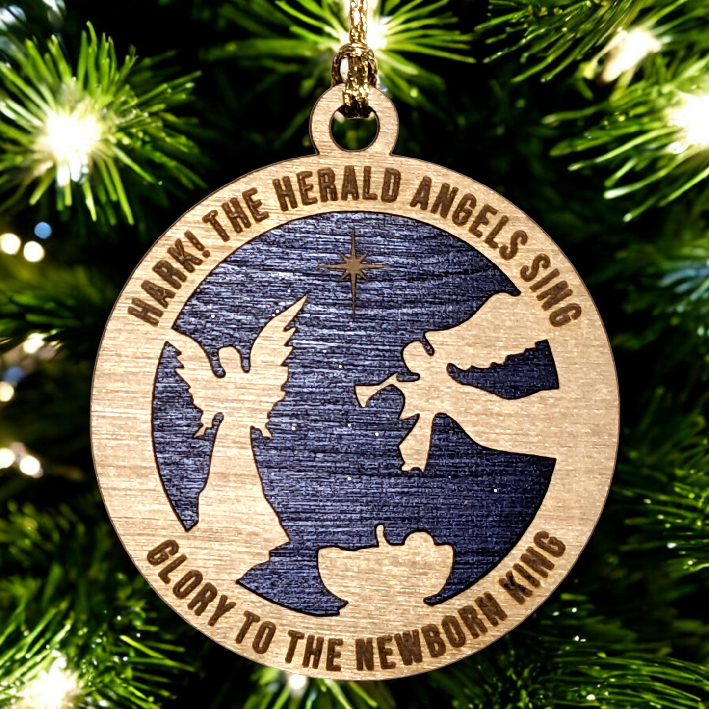 Handmade Wooden Nativity Ornament - 3" Laser Cut Christmas Decoration with Angels and Manger Scene - "Hark! The Herald Angels Sing"
