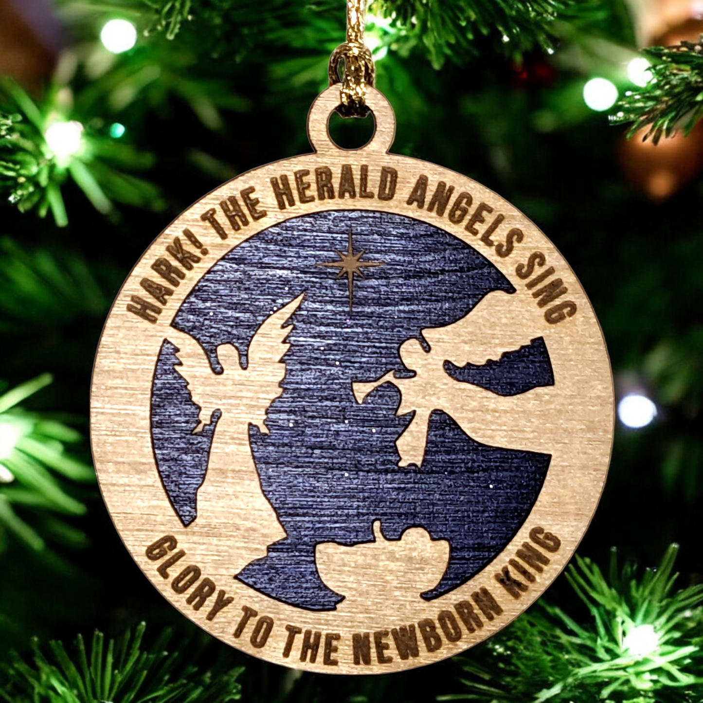 Handmade Wooden Nativity Ornament - 3" Laser Cut Christmas Decoration with Angels and Manger Scene - "Hark! The Herald Angels Sing"