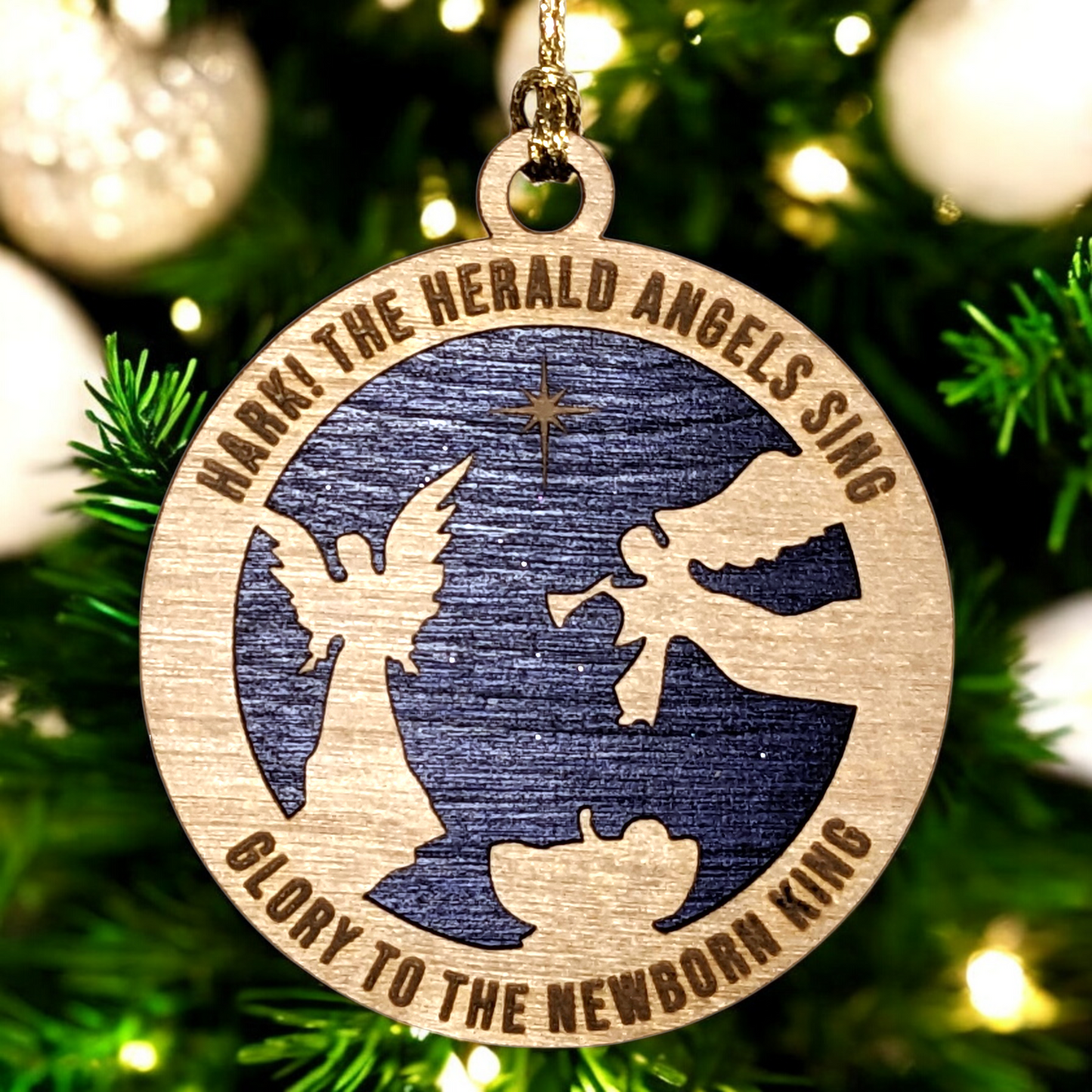 Handmade Wooden Nativity Ornament - 3" Laser Cut Christmas Decoration with Angels and Manger Scene - "Hark! The Herald Angels Sing"