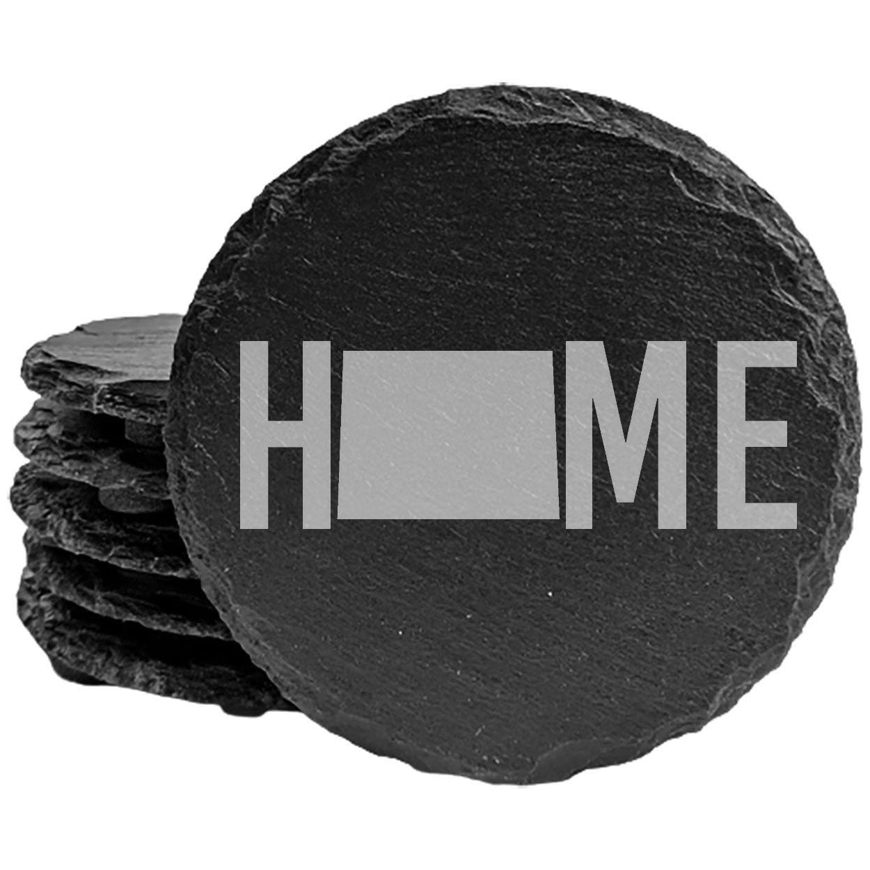 Rustic Slate Coasters Set of 4, Laser Etched 'HOME' Design with Colorado State, 4" Round, Natural Chipped Edge, Rubber Feet, Perfect Gift for Holidays, Birthdays, Housewarming, Made in USA
