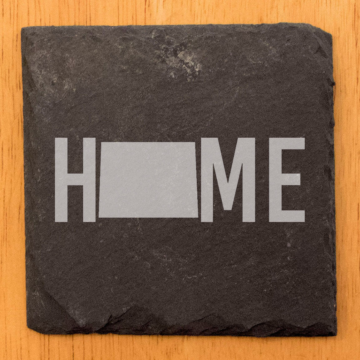 Rustic Slate Coasters Set of 4, Laser Etched 'HOME' Design with Colorado State, 4" Round, Natural Chipped Edge, Rubber Feet, Perfect Gift for Holidays, Birthdays, Housewarming, Made in USA