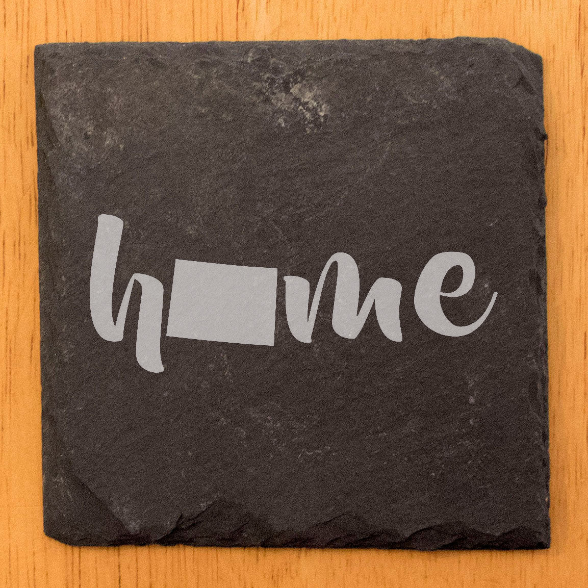Rustic Slate Coasters Set of 4 - Laser Etched 'Home' Design with Colorado State - Perfect Gift for Holidays, Birthdays, Housewarming - 4" Round/Square - Made in Oregon, USA - Natural Chipped Edge