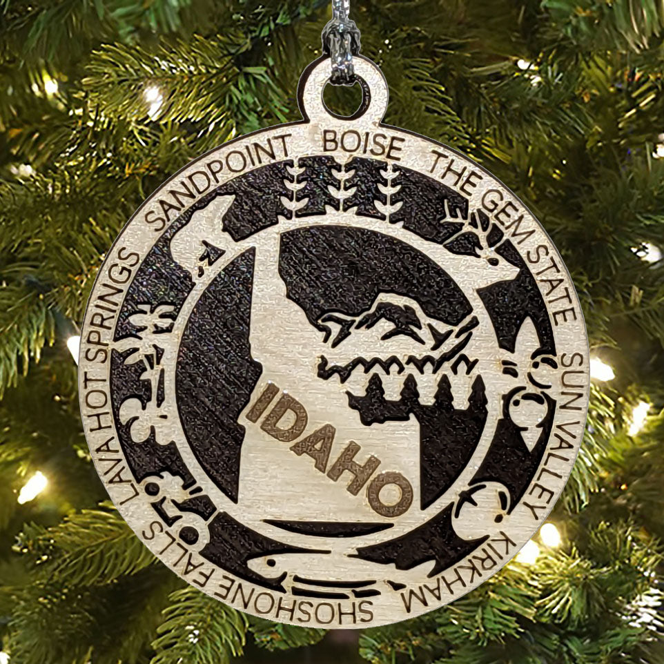 Idaho State Pride 3D Wood Laser Cut Ornament: Featuring Iconic Idaho Symbols and Custom Background Colors