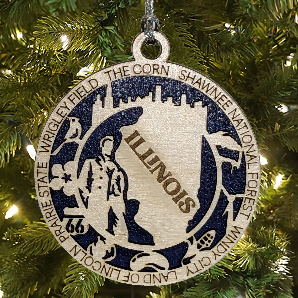 Illinois State Pride 3D Wood Laser Cut Ornament: Featuring Iconic Illinois Symbols and Custom Background Colors