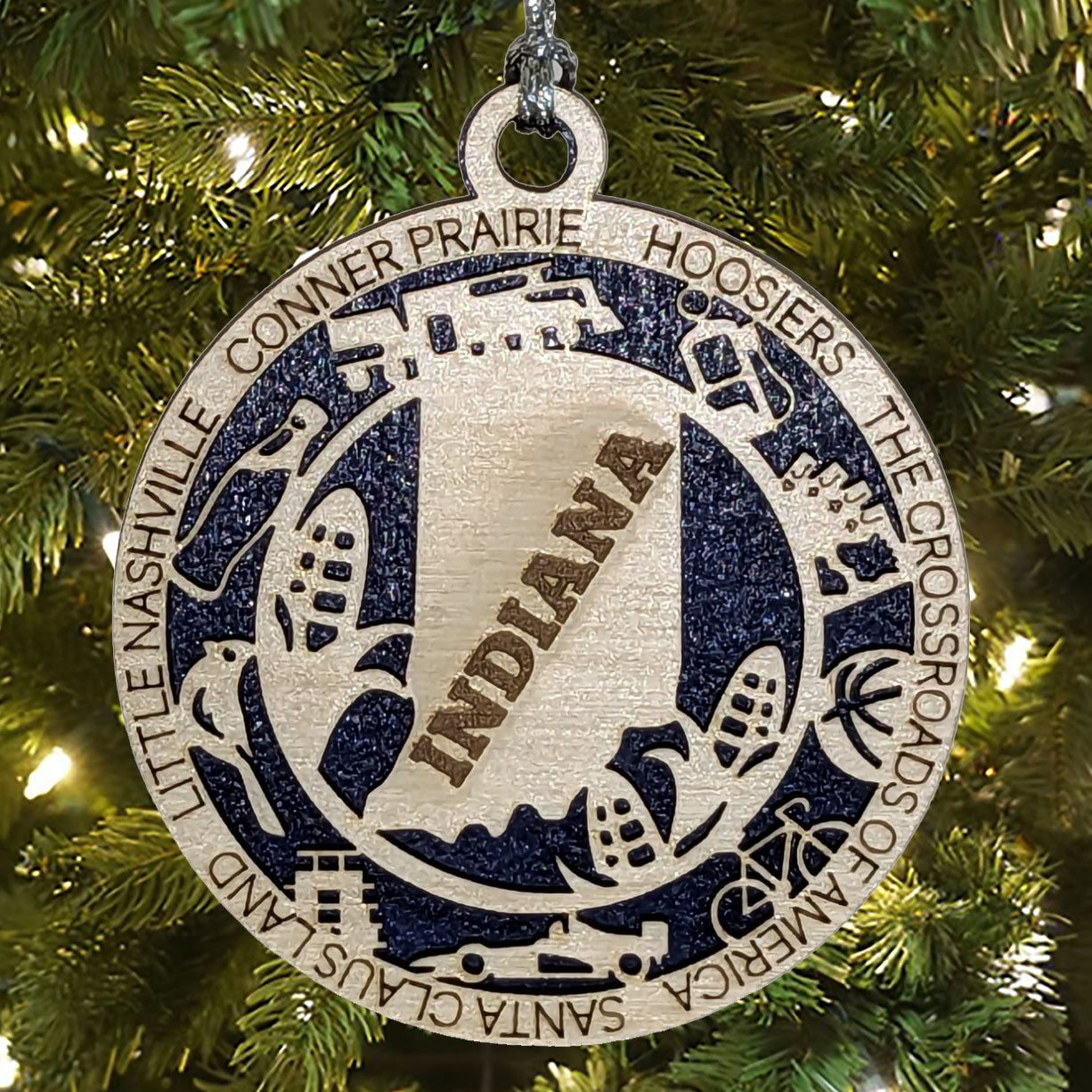 Indiana State Pride 3D Wood Laser Cut Ornament: Featuring Iconic Indiana Symbols and Custom Background Colors