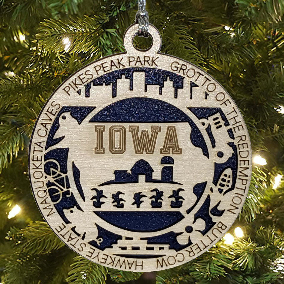 Iowa State Pride 3D Wood Laser Cut Ornament: Featuring Iconic Iowa Symbols and Custom Background Colors