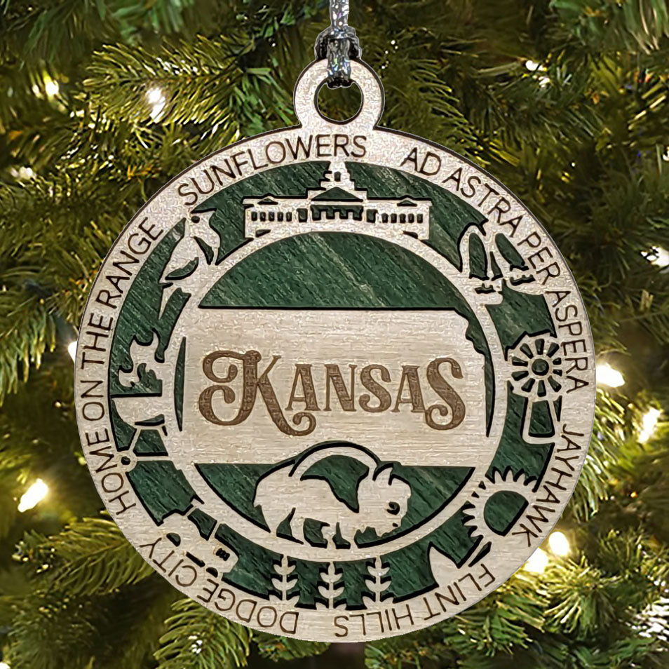 Kansas State Pride 3D Wood Laser Cut Ornament: Featuring Iconic Kansas Symbols and Custom Background Colors