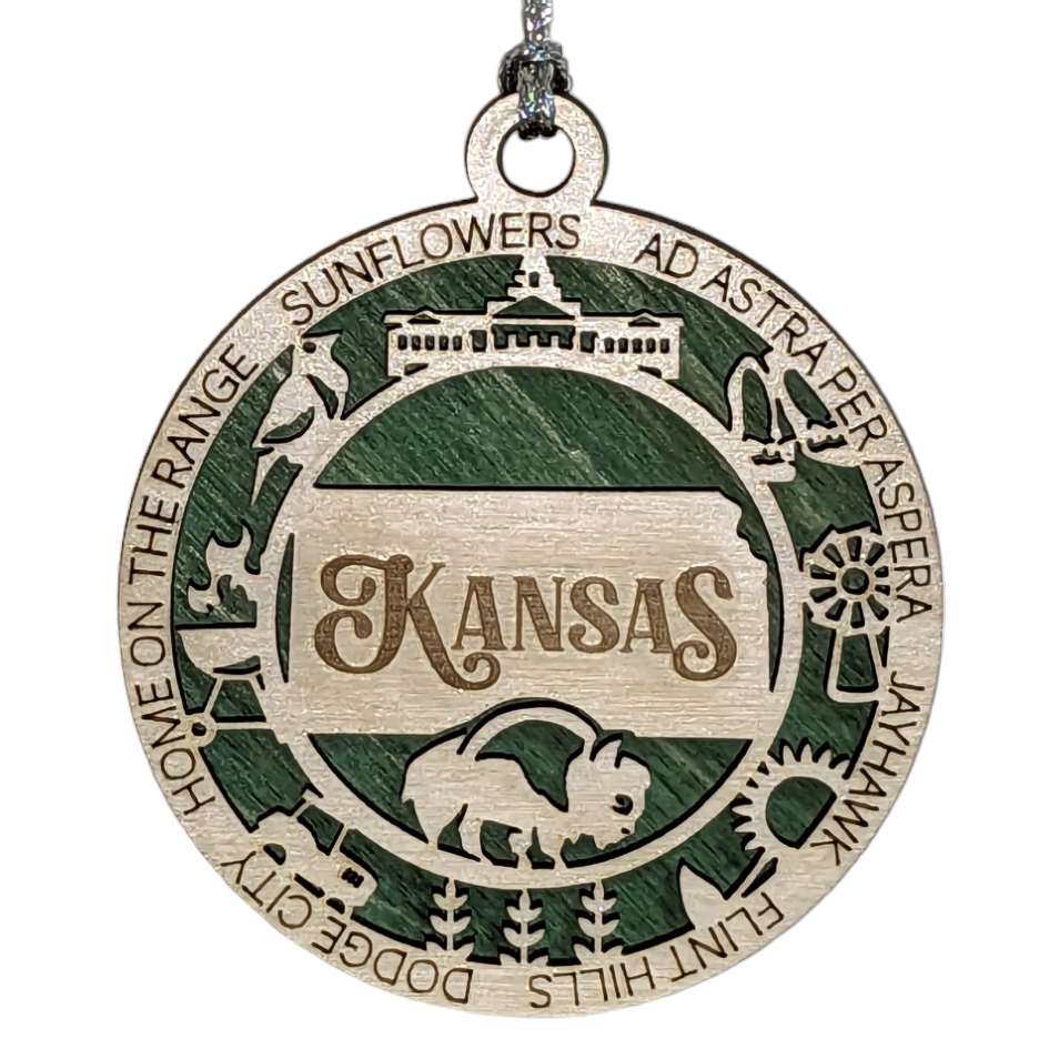 Kansas State Pride 3D Wood Laser Cut Ornament: Featuring Iconic Kansas Symbols and Custom Background Colors