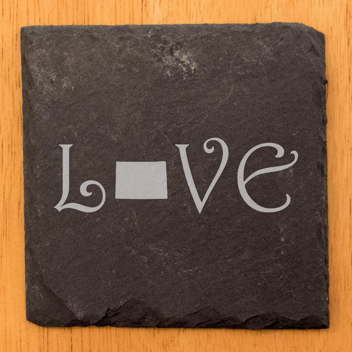 Rustic Slate Coasters Set of 4, Laser Etched 'LOVE' Design with Colorado State, 4" Square, Natural Chipped Edge, Rubber Feet, , Perfect for Holidays, Birthdays, Housewarming, USA Made