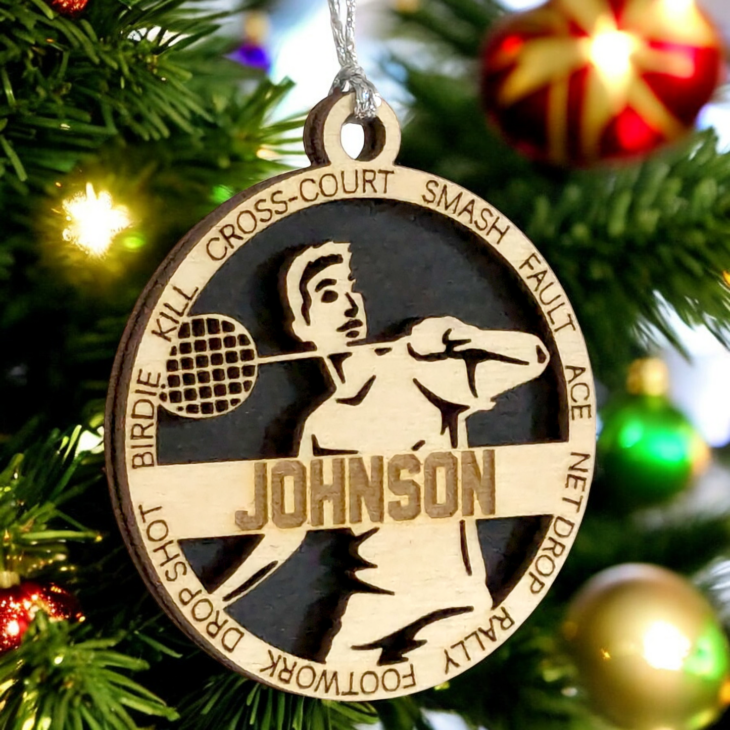 Personalized 3" Handcrafted Male Badminton Christmas Ornament - Laser Cut Wooden Holiday Decoration for Badminton Enthusiasts