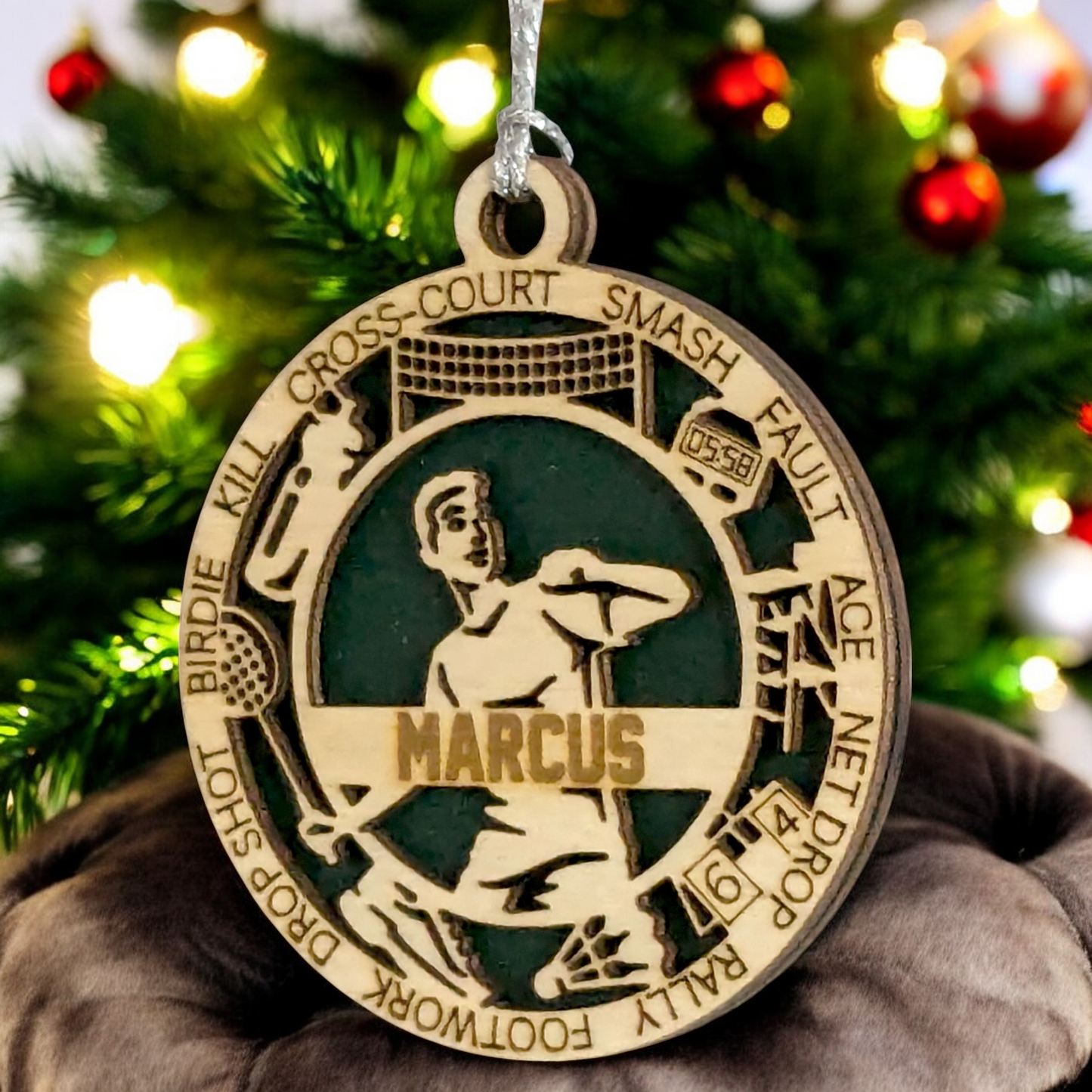 Personalized 3" Handcrafted Male Badminton Christmas Ornament - Laser Cut Wooden Holiday Decoration for Badminton Enthusiasts
