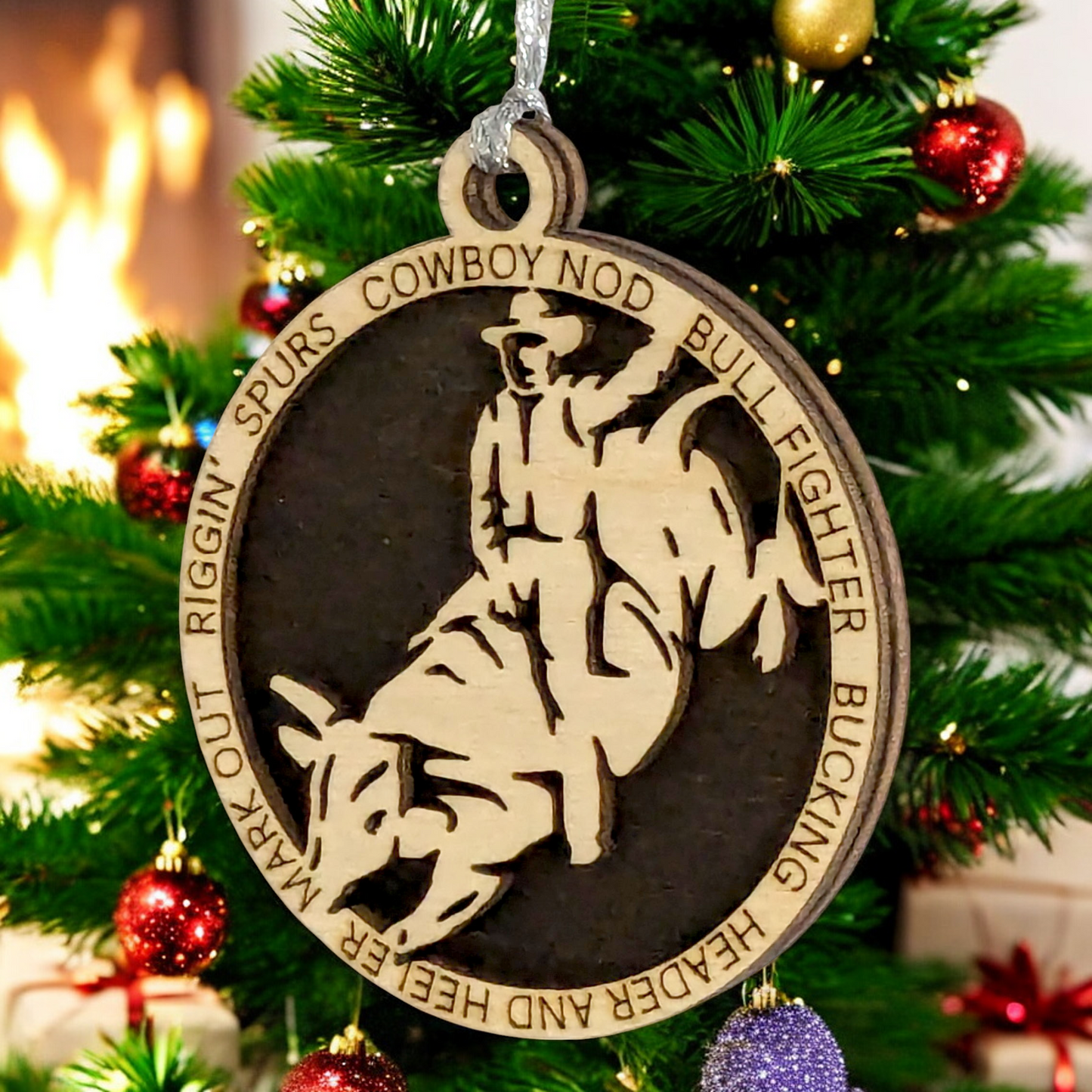 Bull riding Christmas ornament, 3" handcrafted wooden, personalized, male rider, rodeo decoration, holiday decor, western theme, cowboy Xmas, custom gift