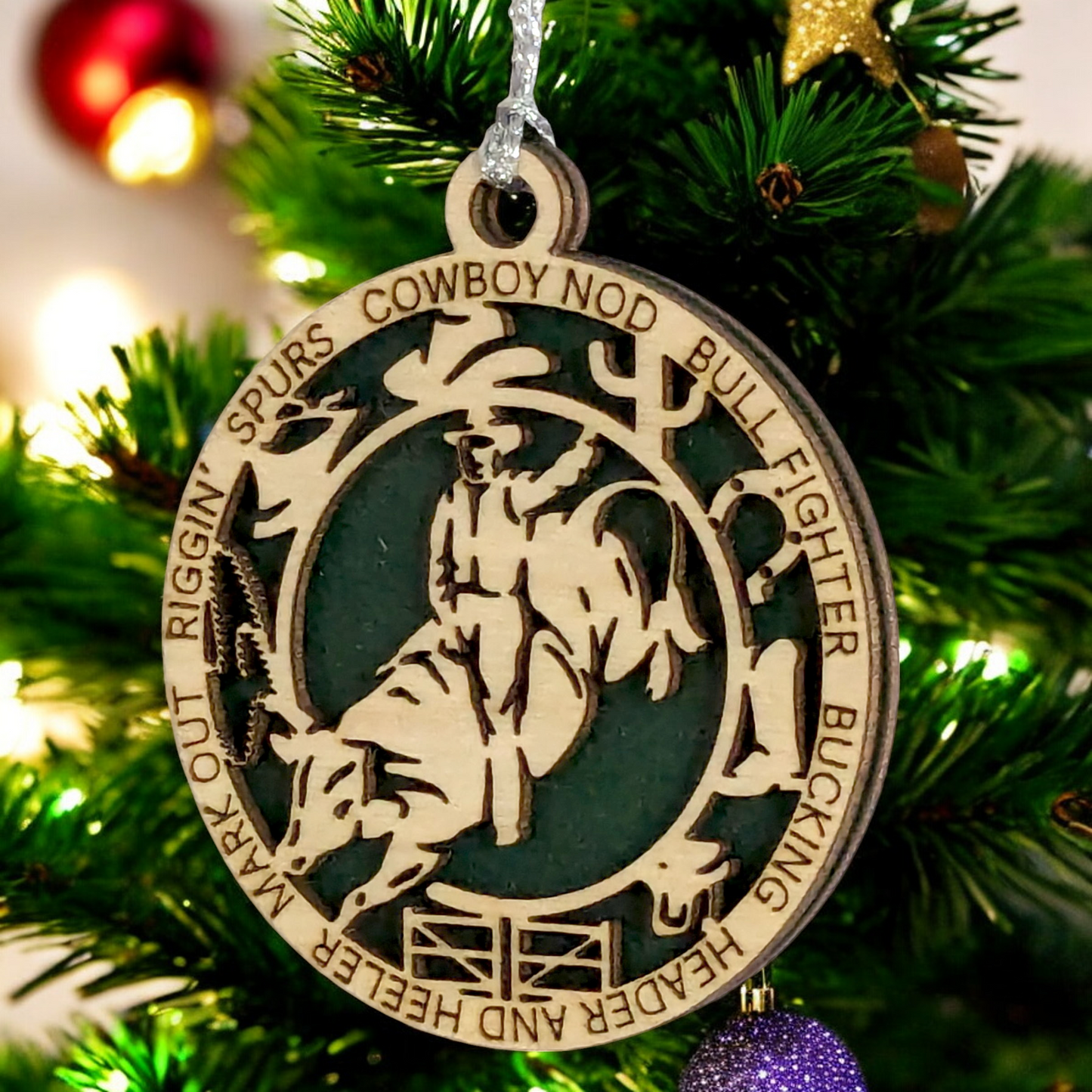 Bull riding Christmas ornament, 3" handcrafted wooden, personalized, male rider, rodeo decoration, holiday decor, western theme, cowboy Xmas, custom gift