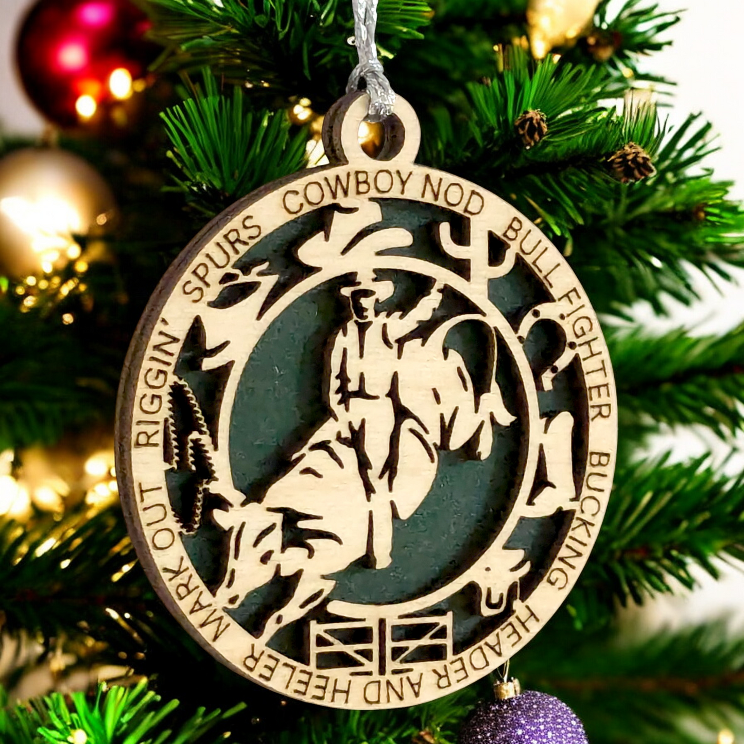 Bull riding Christmas ornament, 3" handcrafted wooden, personalized, male rider, rodeo decoration, holiday decor, western theme, cowboy Xmas, custom gift