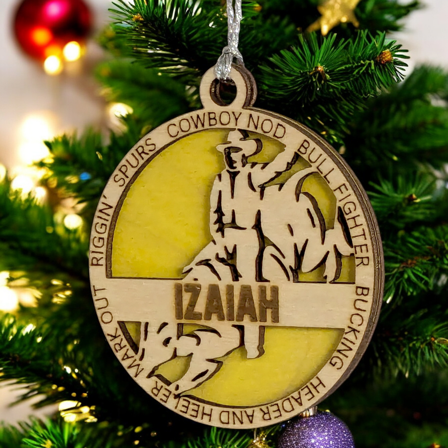Bull riding Christmas ornament, 3" handcrafted wooden, personalized, male rider, rodeo decoration, holiday decor, western theme, cowboy Xmas, custom gift