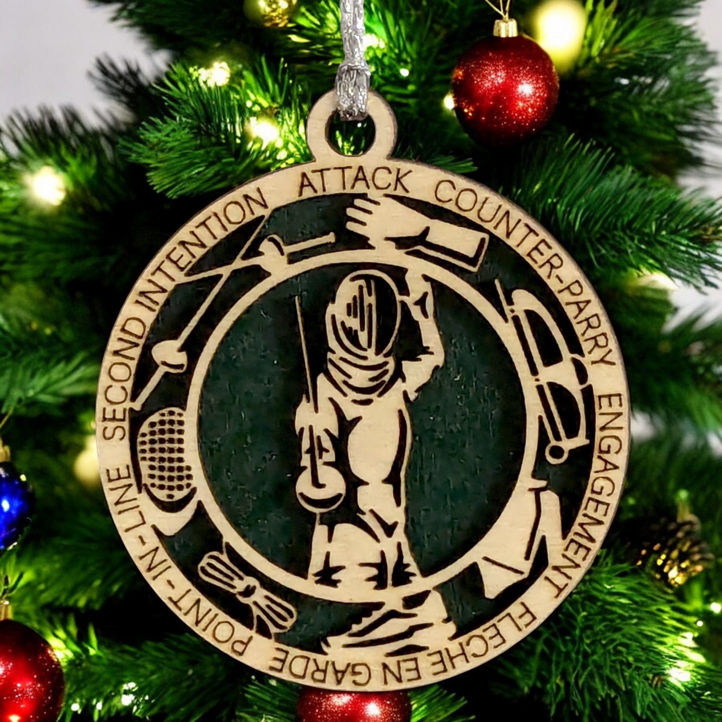 3-Inch Laser Cut Handcrafted Wooden Personalized Male Fencing Christmas Ornament - Customizable Keepsake for Fencing Enthusiasts - Unique Holiday Tree Decoration and Gift for Men and Sports Lovers