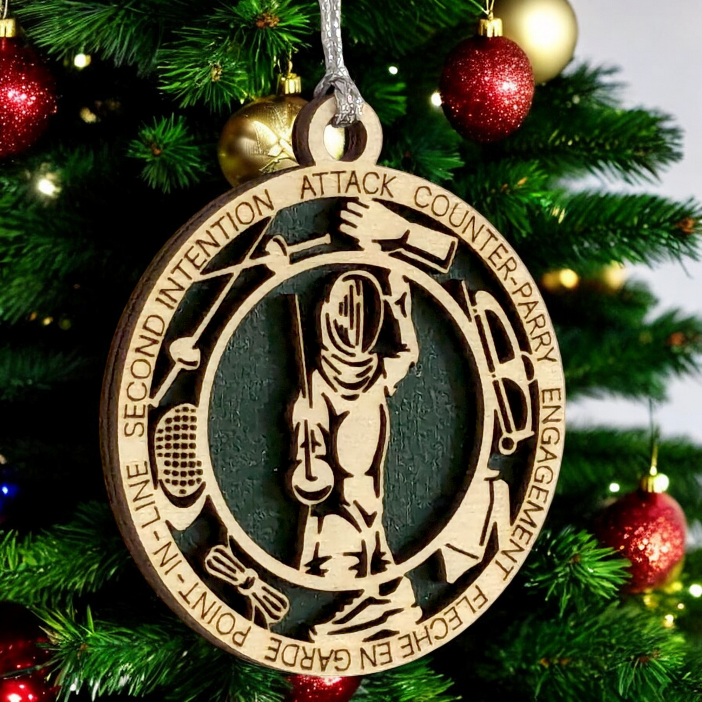 3-Inch Laser Cut Handcrafted Wooden Personalized Male Fencing Christmas Ornament - Customizable Keepsake for Fencing Enthusiasts - Unique Holiday Tree Decoration and Gift for Men and Sports Lovers