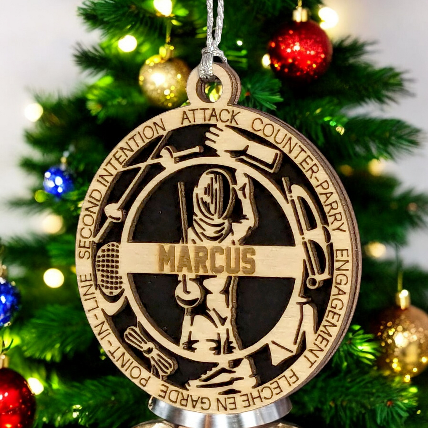 3-Inch Laser Cut Handcrafted Wooden Personalized Male Fencing Christmas Ornament - Customizable Keepsake for Fencing Enthusiasts - Unique Holiday Tree Decoration and Gift for Men and Sports Lovers