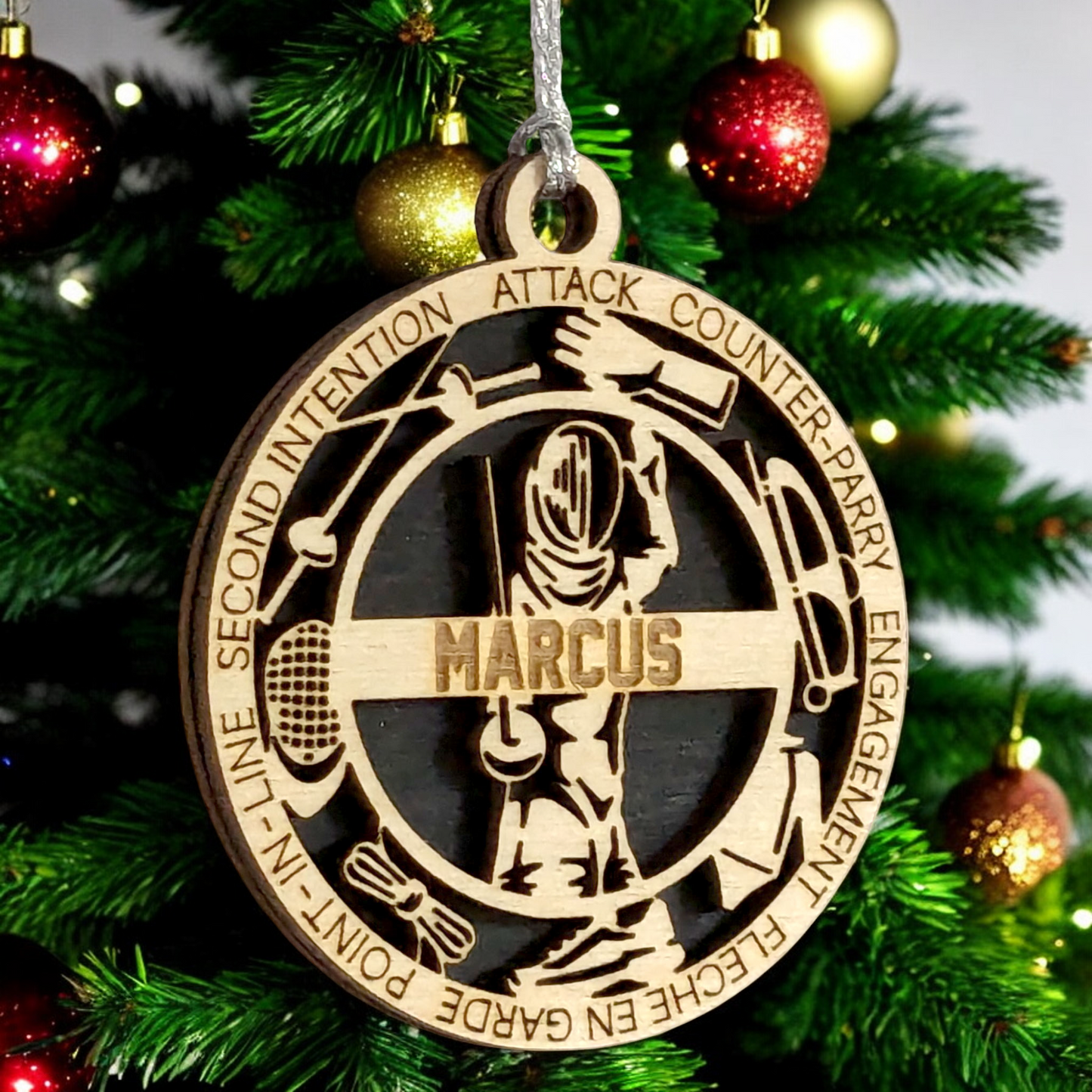 3-Inch Laser Cut Handcrafted Wooden Personalized Male Fencing Christmas Ornament - Customizable Keepsake for Fencing Enthusiasts - Unique Holiday Tree Decoration and Gift for Men and Sports Lovers