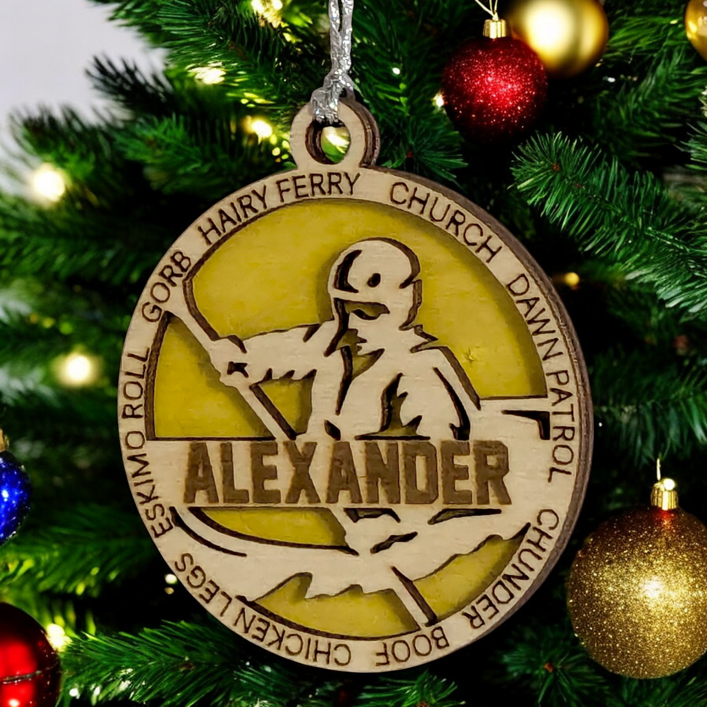 3" Laser Cut Handcrafted Wooden Personalized Male Kayaking Christmas Ornament - Customizable Holiday Gift for Kayakers - Unique Kayak Themed Decorative Ornament for Men - Rustic Wood Keepsake