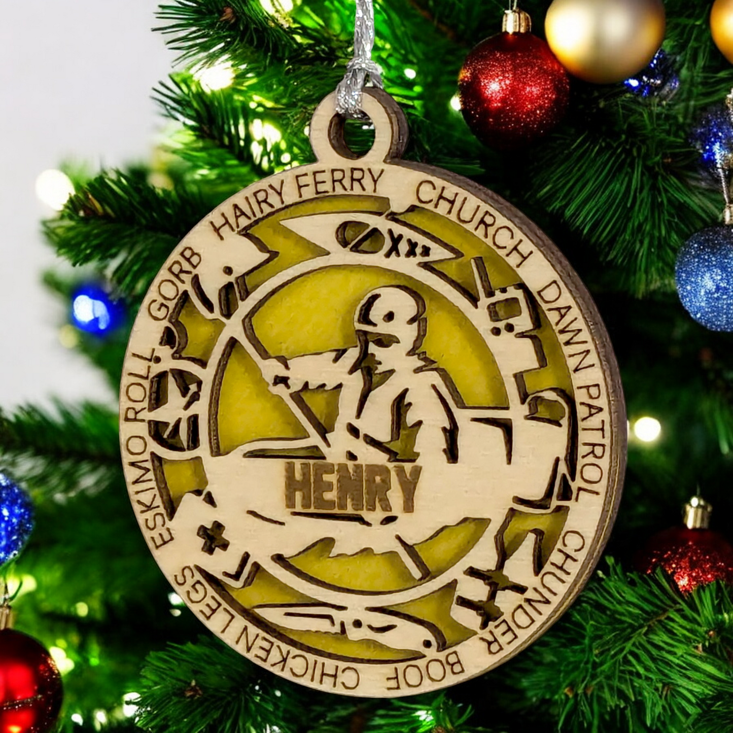 3" Laser Cut Handcrafted Wooden Personalized Male Kayaking Christmas Ornament - Customizable Holiday Gift for Kayakers - Unique Kayak Themed Decorative Ornament for Men - Rustic Wood Keepsake