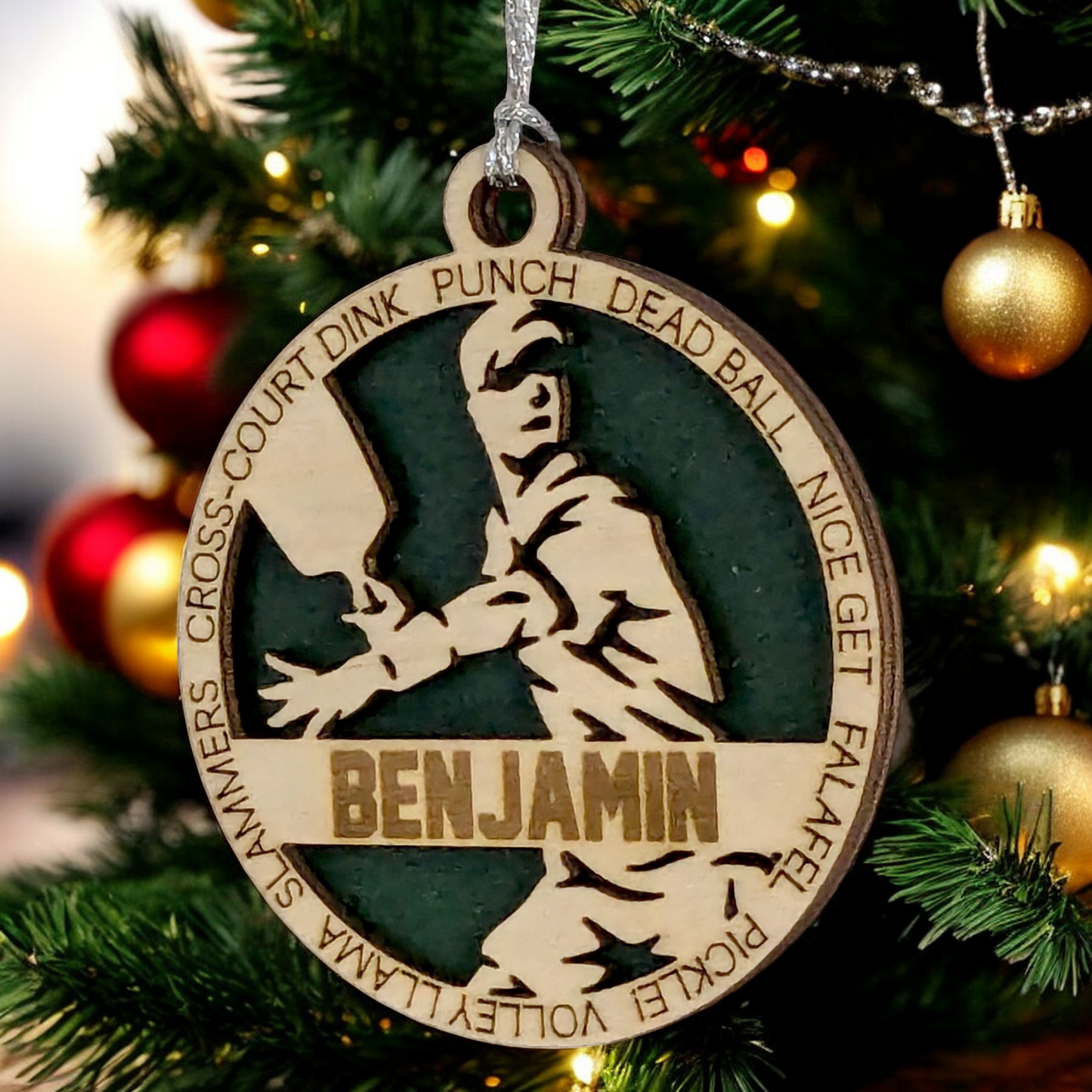 3" Handcrafted Wooden Personalized Male Pickleball Christmas Ornament - Custom Racket Sports Holiday Decor