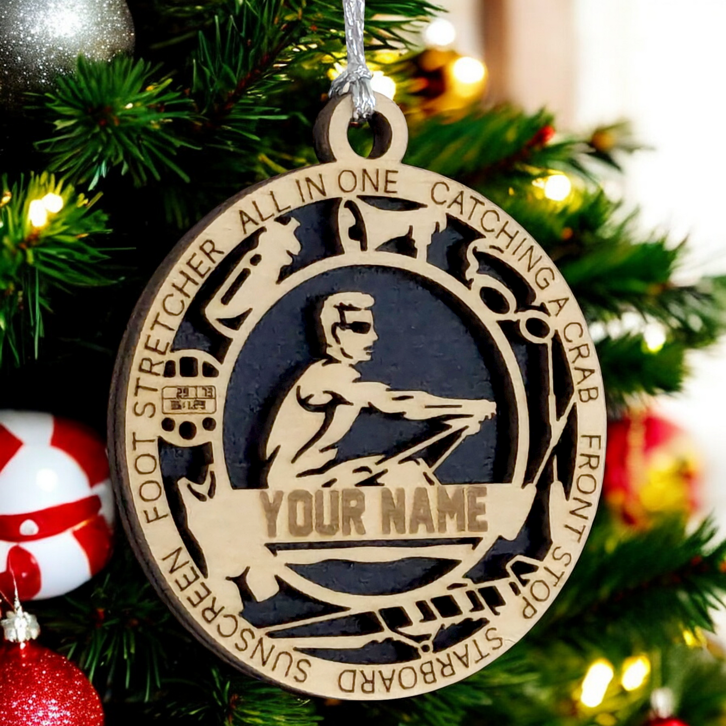 Personalized 3" Handcrafted Wooden Male Solo Rowing Christmas Ornament - Laser Cut Holiday Decor for Rowing Enthusiasts - Unique Customizable Keepsake for Rowers - Holiday Gift for Men