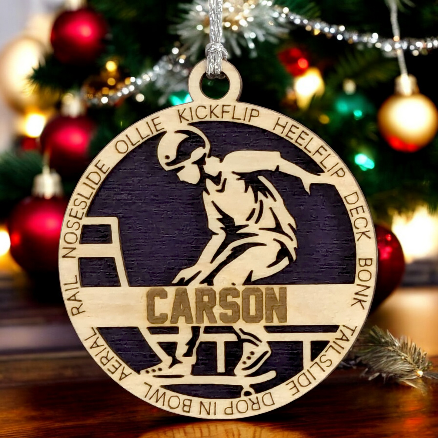 Customizable 3-Inch Handcrafted Wooden Male Skateboarding Christmas Ornament - Unique Personalized Gift for Skateboard Enthusiasts - Festive Holiday Decor and Keepsake - Laser Cut Wood Design