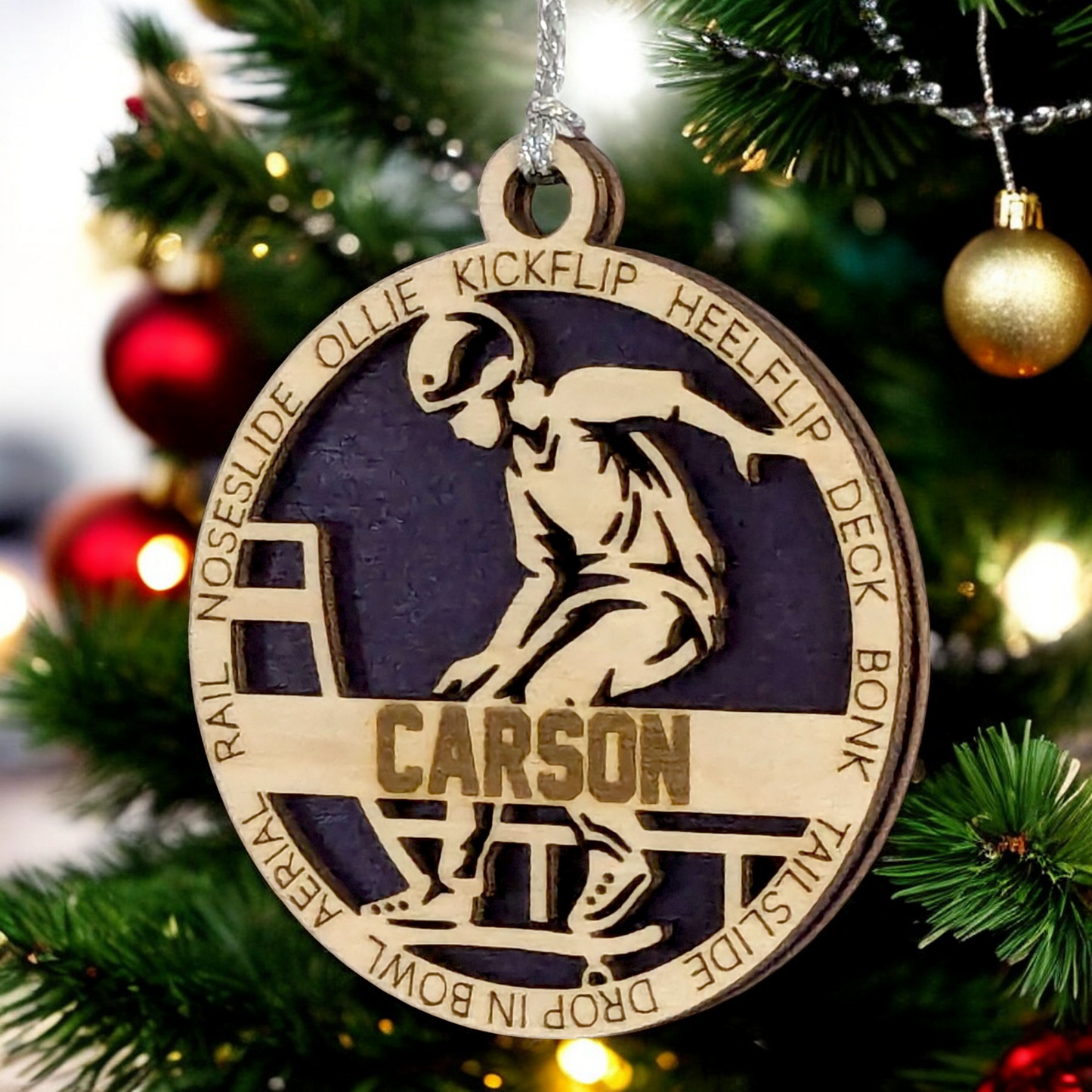 Customizable 3-Inch Handcrafted Wooden Male Skateboarding Christmas Ornament - Unique Personalized Gift for Skateboard Enthusiasts - Festive Holiday Decor and Keepsake - Laser Cut Wood Design