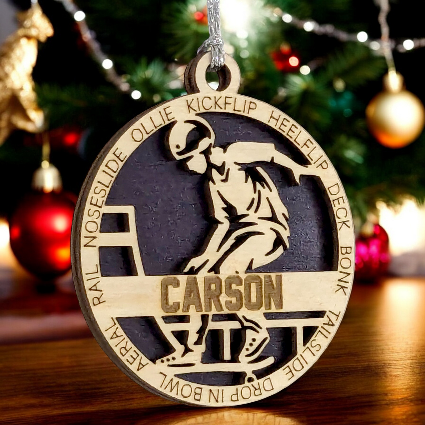 Customizable 3-Inch Handcrafted Wooden Male Skateboarding Christmas Ornament - Unique Personalized Gift for Skateboard Enthusiasts - Festive Holiday Decor and Keepsake - Laser Cut Wood Design
