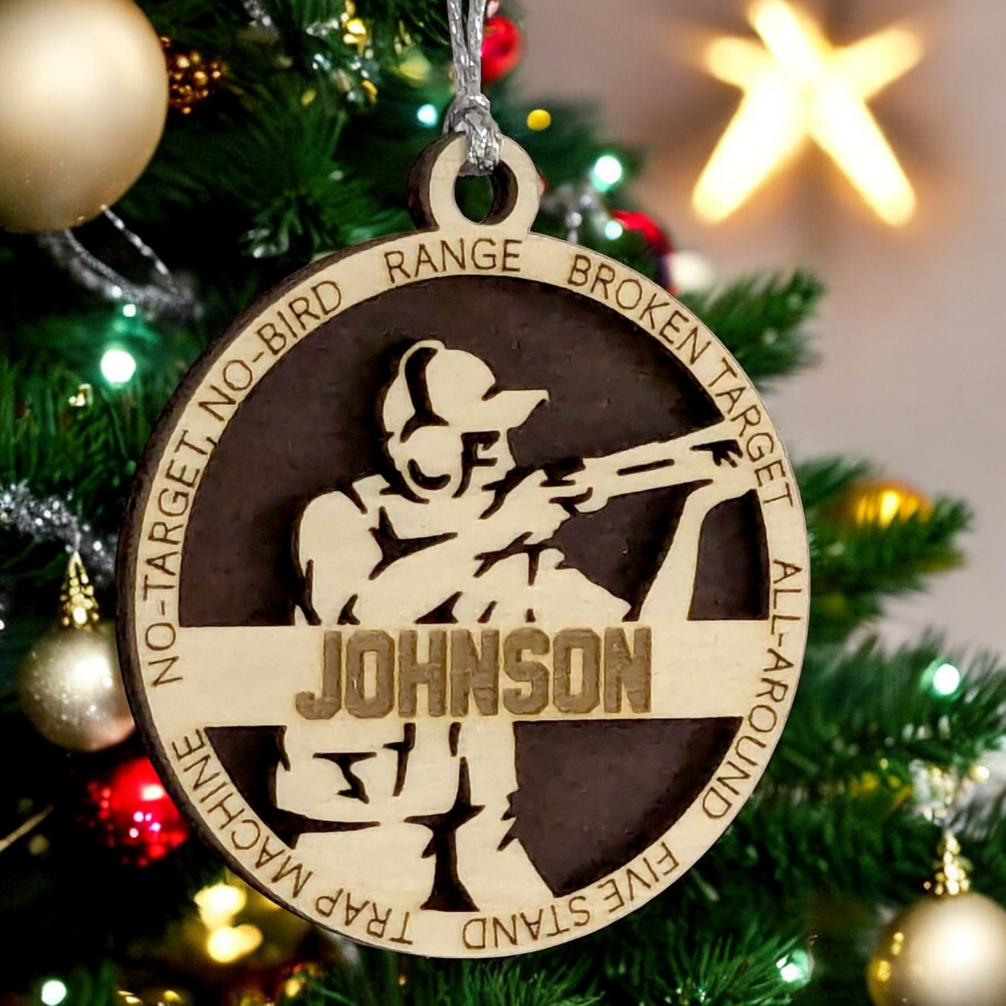 3-Inch Handcrafted Wooden Personalized Trap Shooting Christmas Ornament for Men - Customizable Wood Ornament for Male Trap Shooter - Holiday Keepsake and Unique Gift - Laser Cut and Hand-Painted