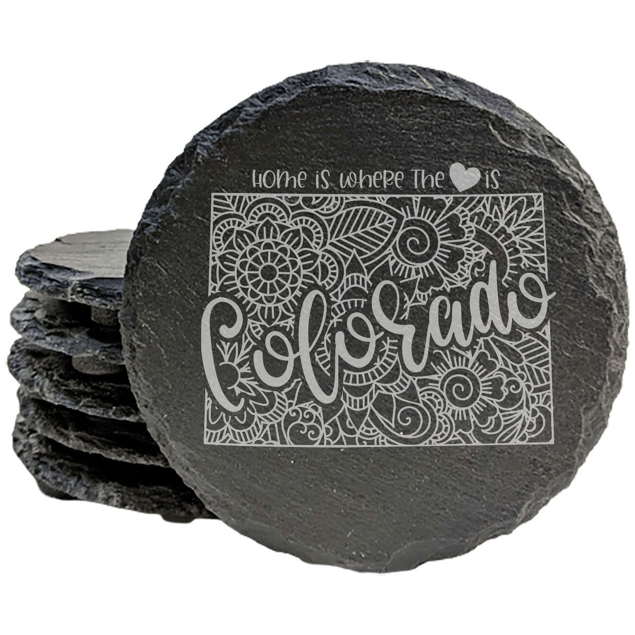Rustic Slate Coasters Set of 4, Round 4" with Colorado Mandala Design, 'Home is Where the Heart Is' Quote, Perfect for Holidays, Birthdays, Housewarming, She-Shed, Man Cave, Made in Oregon, USA