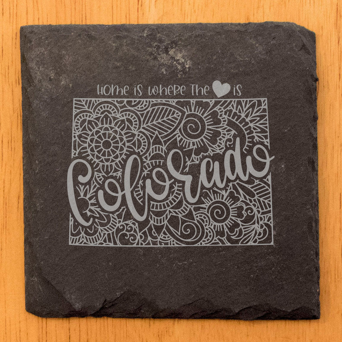 Rustic Slate Coasters Set of 4, Round 4" with Colorado Mandala Design, 'Home is Where the Heart Is' Quote, Perfect for Holidays, Birthdays, Housewarming, She-Shed, Man Cave, Made in Oregon, USA