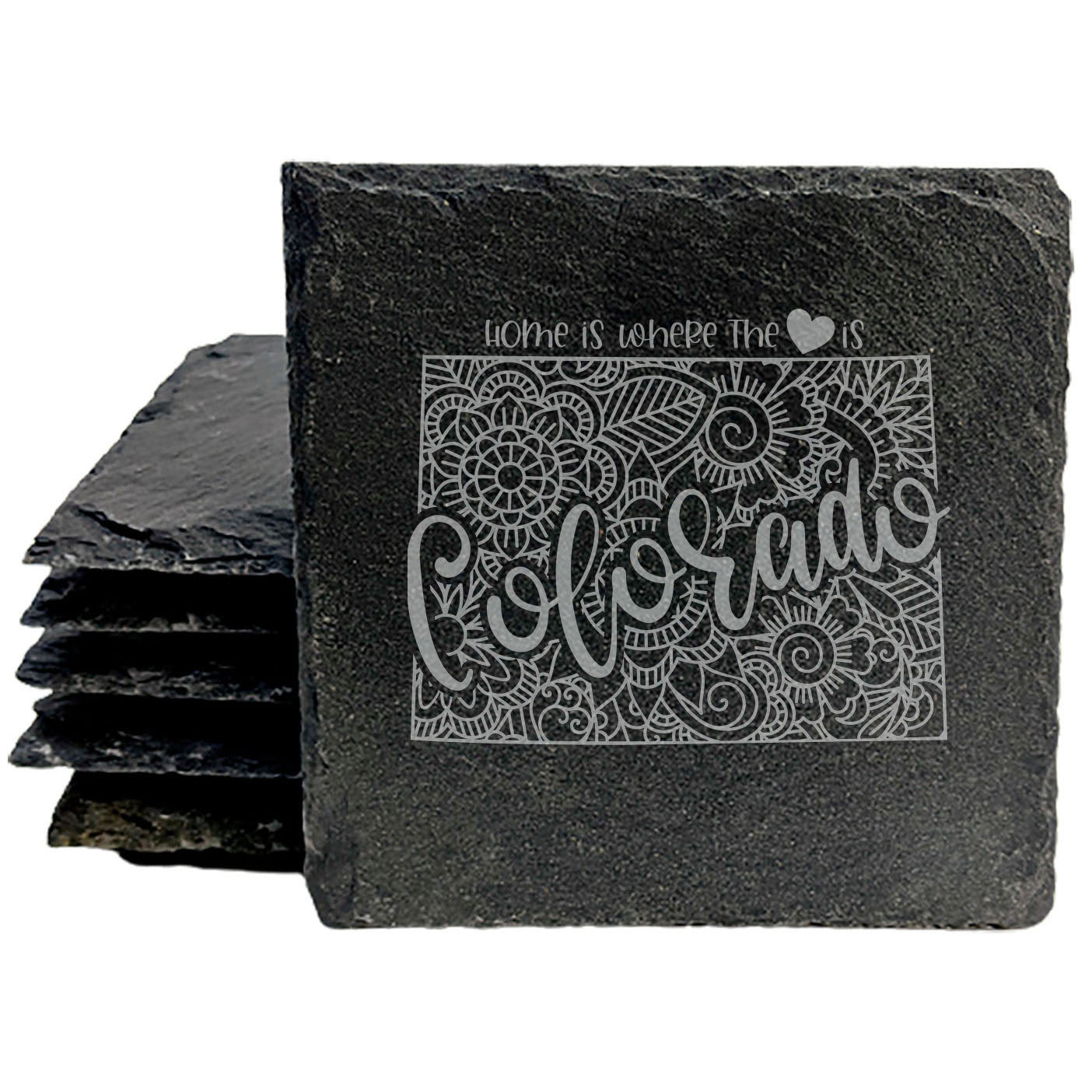 Rustic Slate Coasters Set of 4, Round 4" with Colorado Mandala Design, 'Home is Where the Heart Is' Quote, Perfect for Holidays, Birthdays, Housewarming, She-Shed, Man Cave, Made in Oregon, USA