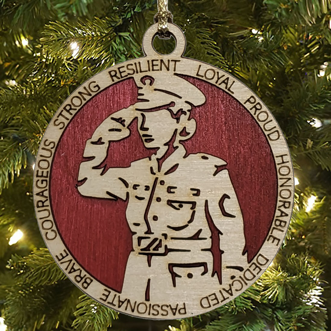 Female Marine Soldier Christmas Ornament - 3" Wood, Laser Cut, Handmade USA Military Gift for Women in Service