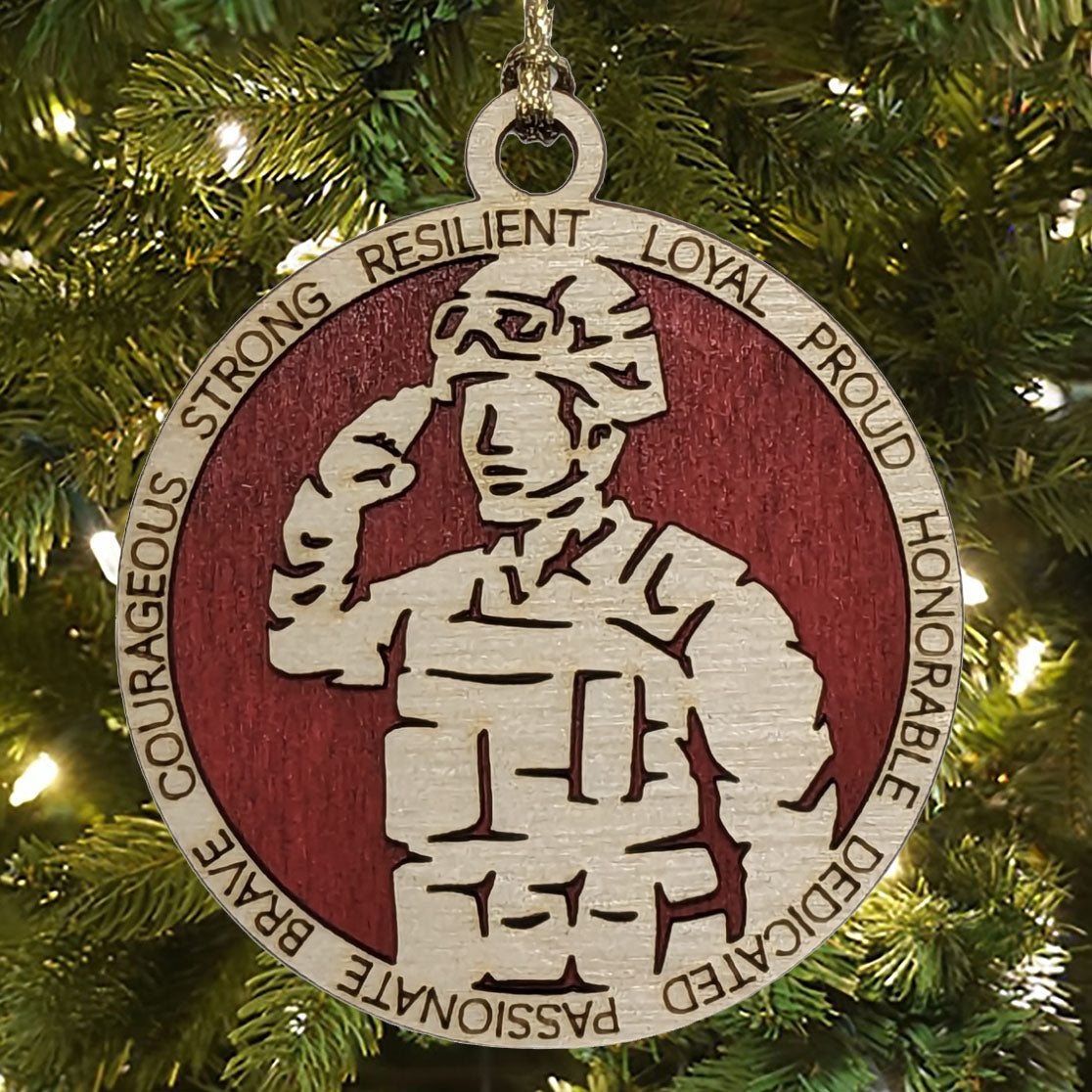 Handcrafted Male Marine Soldier Christmas Ornament - 3" Wood Laser Cut Military Tribute